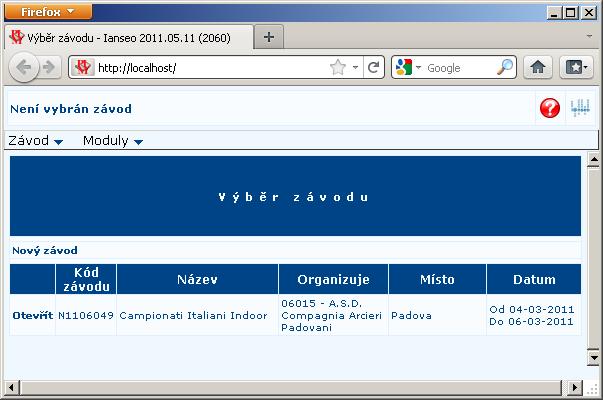 Spuštění Ianseo - internetový prohlížeč